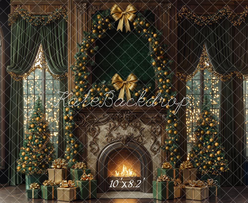 Kate Christmas Fireplace Green Curtains Window Backdrop Designed by Mini MakeBelieve - Image 5