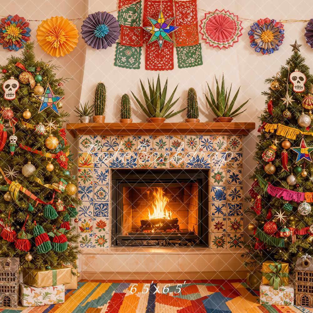 Kate Christmas Fireplace Papel Picado Trees Backdrop Designed by Emetselch - Image 2