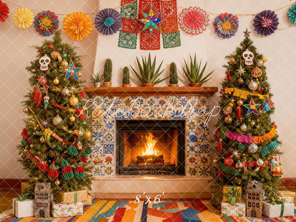 Kate Christmas Fireplace Papel Picado Trees Backdrop Designed by Emetselch - Image 3