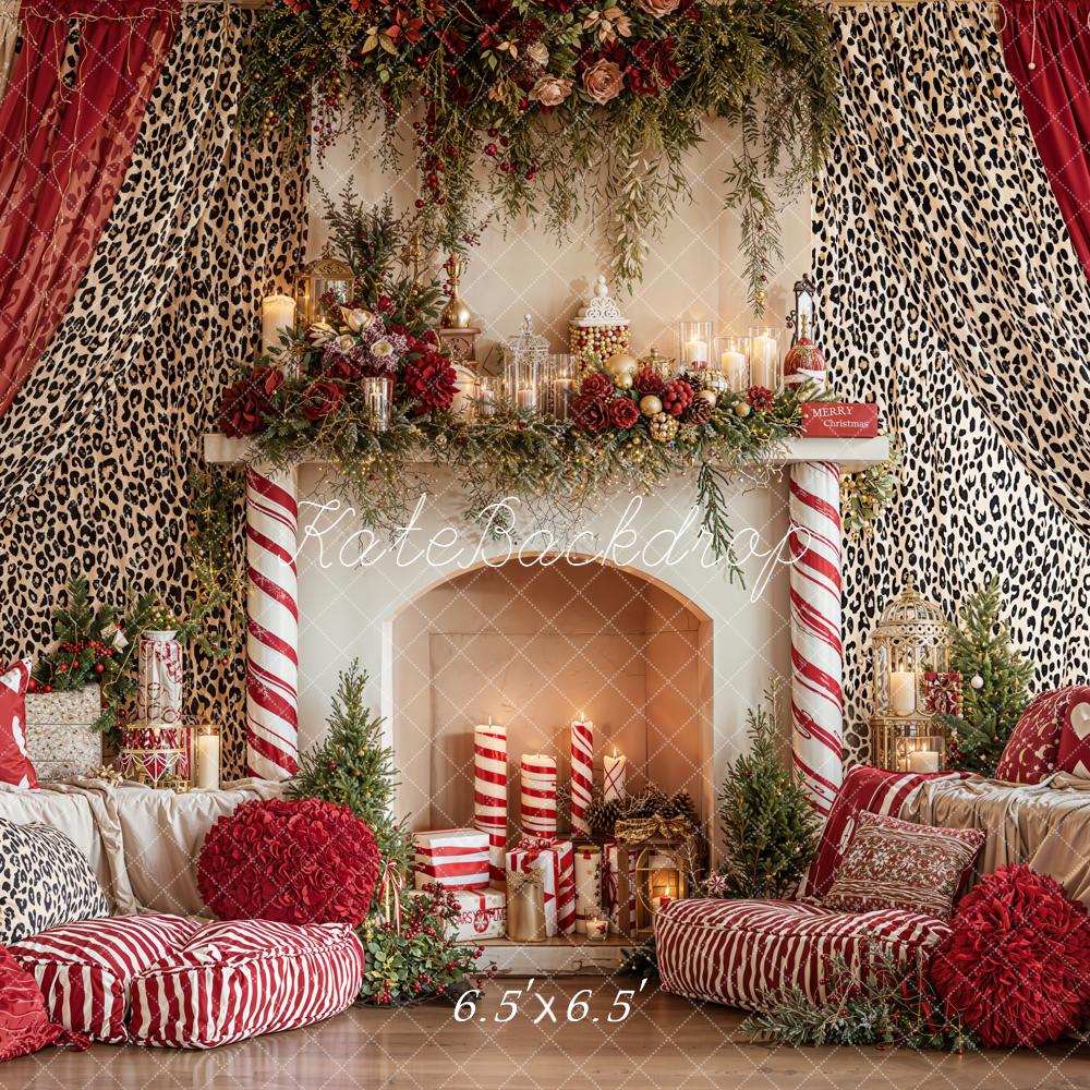 Kate Christmas Fireplace Red Leopard Curtains Backdrop Designed by Emetselch - Image 2
