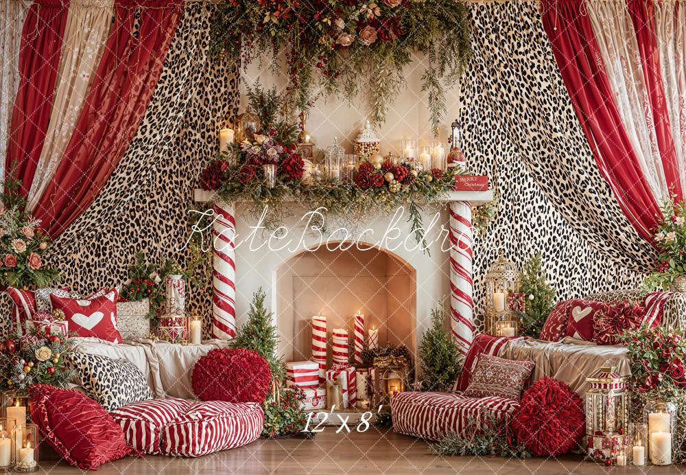 Kate Christmas Fireplace Red Leopard Curtains Backdrop Designed by Emetselch - Image 8