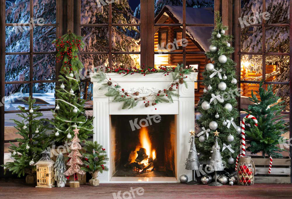 Kate Christmas Fireplace Snow Window Backdrop Designed by Emetselch - Image 2