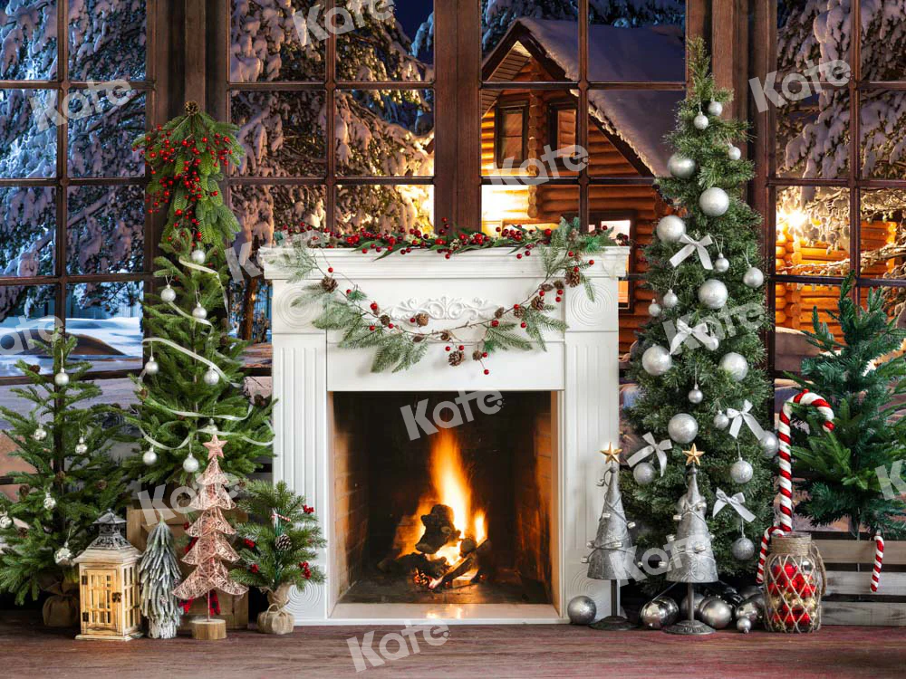 Kate Christmas Fireplace Snow Window Backdrop Designed by Emetselch - Image 4