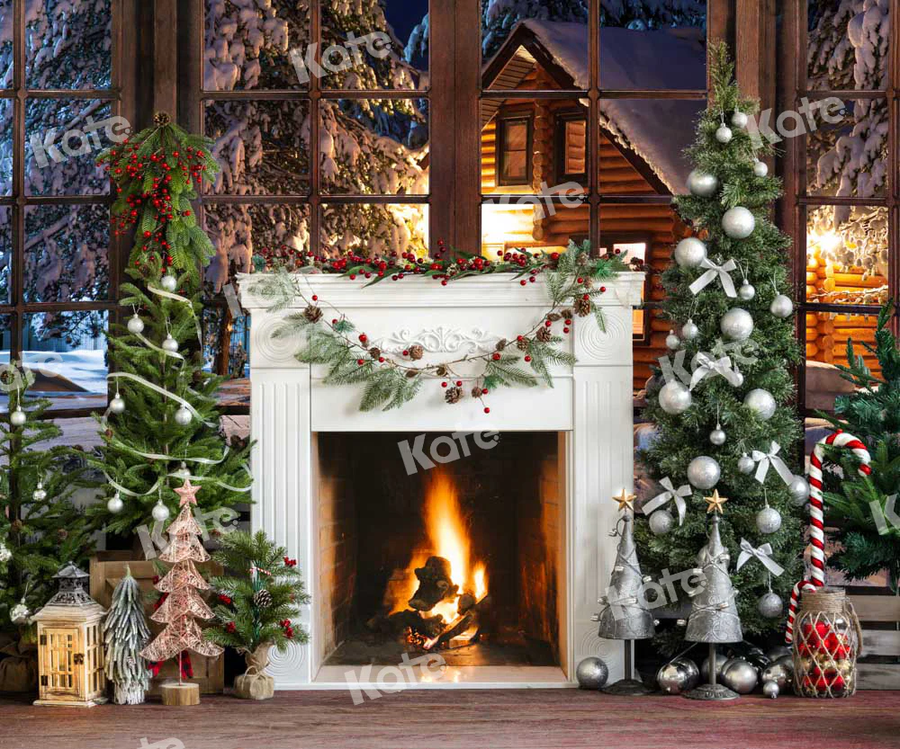 Kate Christmas Fireplace Snow Window Backdrop Designed by Emetselch - Image 5