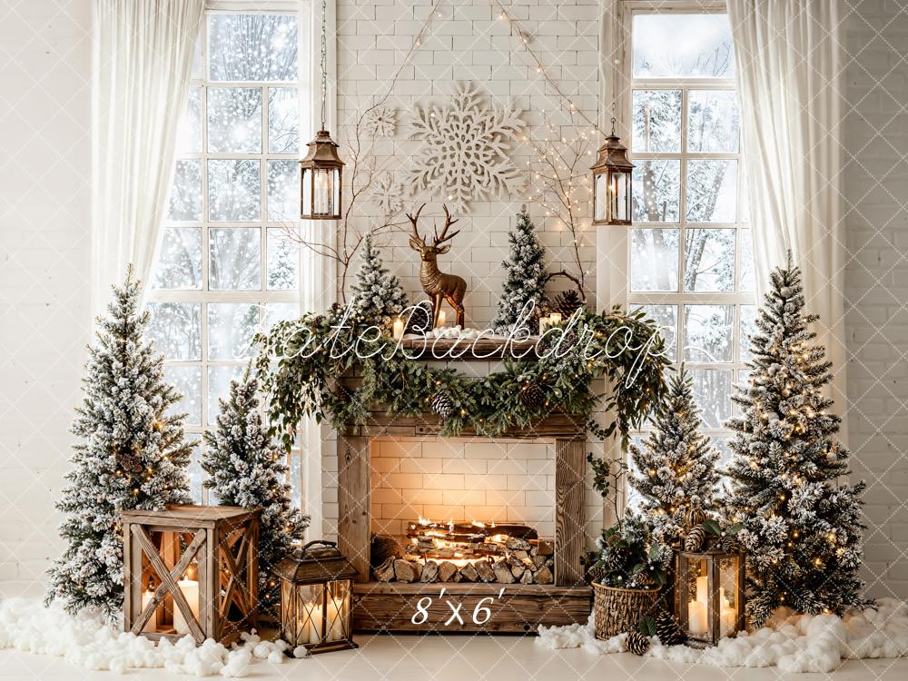 Kate Christmas Fireplace Snowflake Garland Trees Backdrop Designed by Emetselch - Image 3