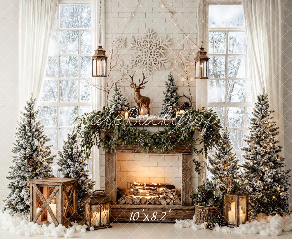 Kate Christmas Fireplace Snowflake Garland Trees Backdrop Designed by Emetselch - Image 6