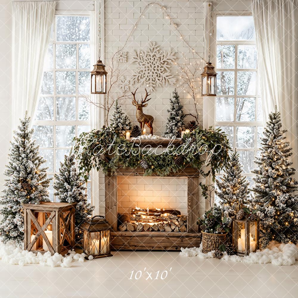 Kate Christmas Fireplace Snowflake Garland Trees Backdrop Designed by Emetselch - Image 7