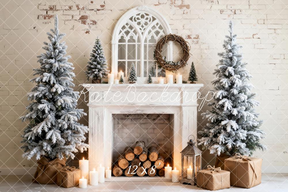 Kate Christmas Fireplace Snowy Trees Candles Fleece Backdrop Designed by Emetselch - Image 4