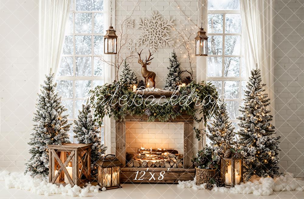 Kate Christmas Fireplace Snowy Trees Deer Fleece Backdrop Designed by Emetselch - Image 4