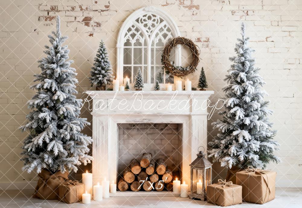 Kate Christmas Fireplace Snowy Trees Gifts Backdrop Designed by Emetselch