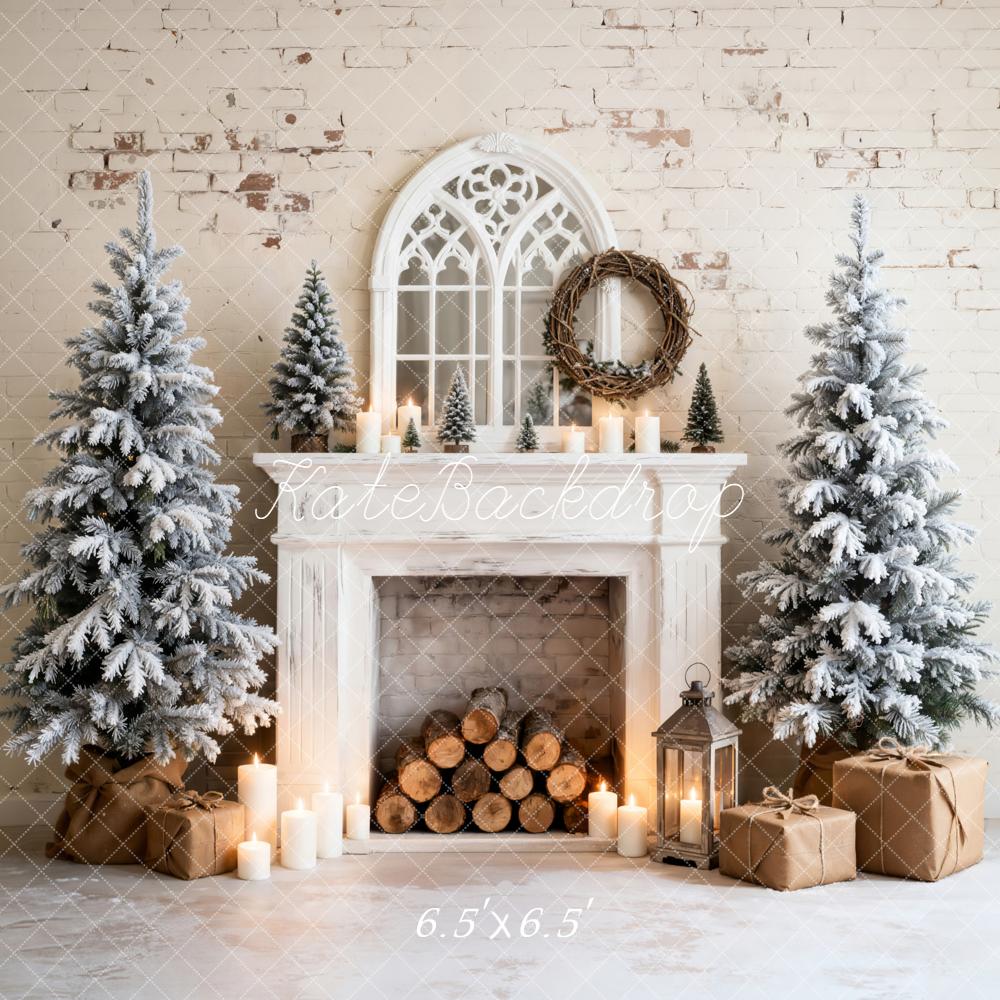 Kate Christmas Fireplace Snowy Trees Gifts Backdrop Designed by Emetselch - Image 2