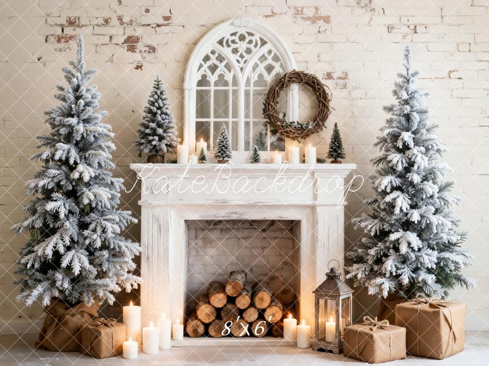 Kate Christmas Fireplace Snowy Trees Gifts Backdrop Designed by Emetselch - Image 4