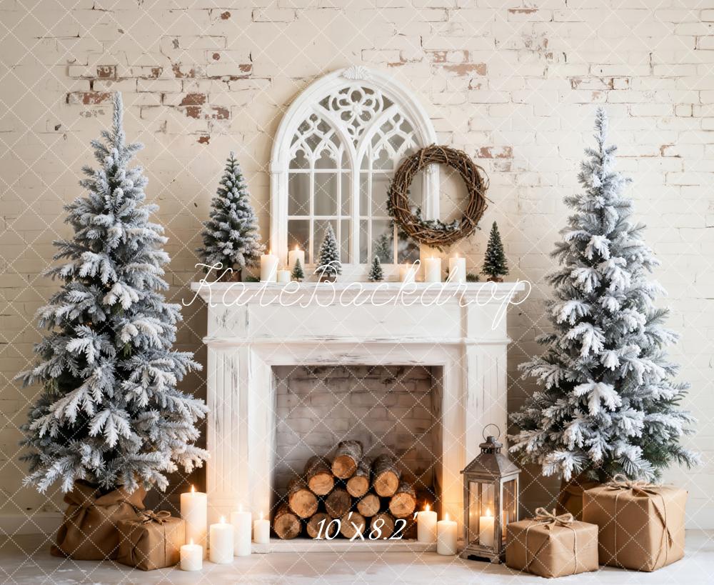 Kate Christmas Fireplace Snowy Trees Gifts Backdrop Designed by Emetselch - Image 5