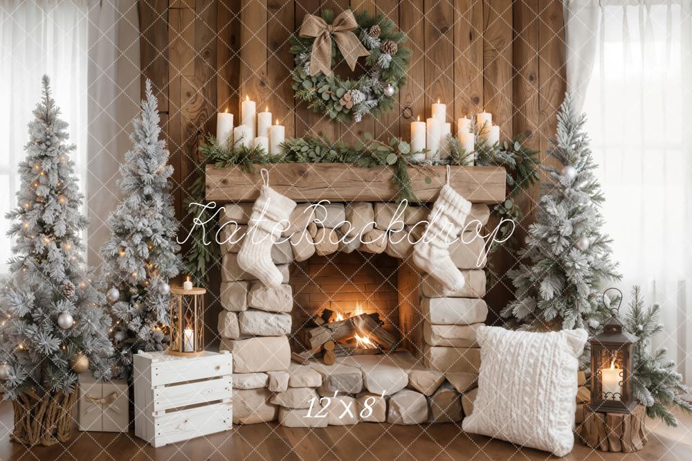 Kate Christmas Fireplace Stockings Frosted Trees Fleece Backdrop Designed by Emetselch - Image 4