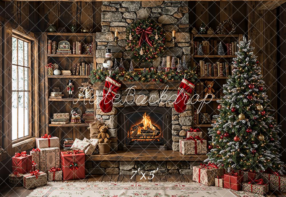 Kate Christmas Fireplace Stone Wall Tree Backdrop Designed by Emetselch - Image 2