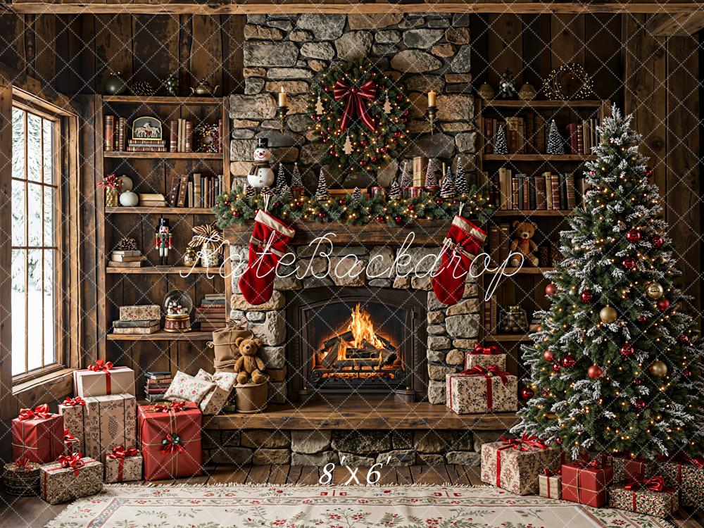 Kate Christmas Fireplace Stone Wall Tree Backdrop Designed by Emetselch - Image 5