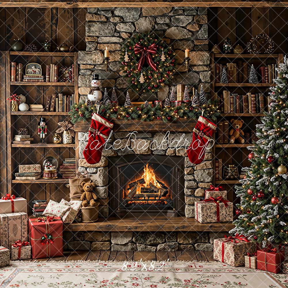 Kate Christmas Fireplace Stone Wall Tree Backdrop Designed by Emetselch - Image 7