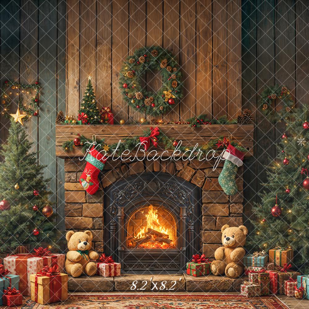 Kate Christmas Fireplace Teddy Bears Trees Backdrop Designed by Emetselch - Image 5