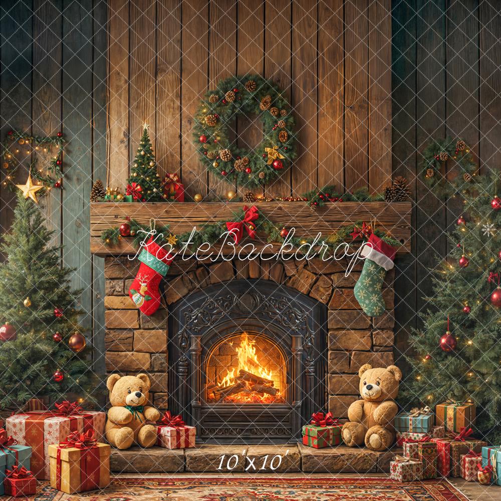 Kate Christmas Fireplace Teddy Bears Trees Backdrop Designed by Emetselch - Image 7