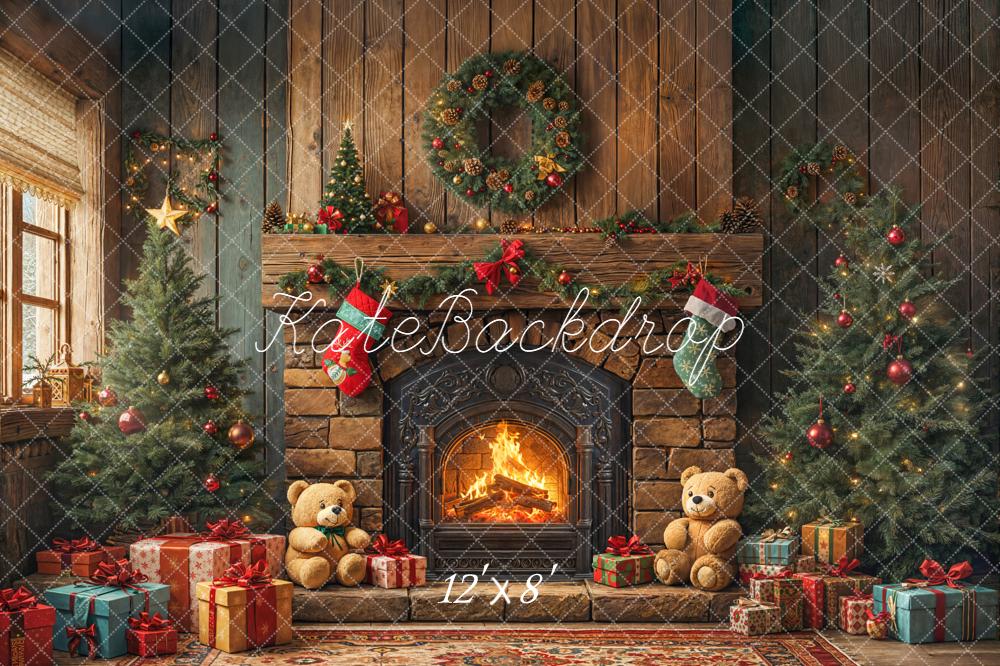 Kate Christmas Fireplace Teddy Bears Trees Backdrop Designed by Emetselch - Image 8
