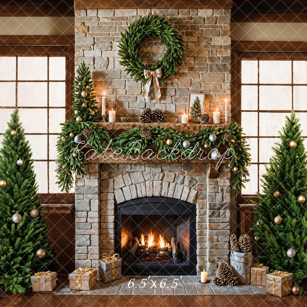Kate Christmas Fireplace Tree Brick Backdrop Designed by Emetselch - Image 2