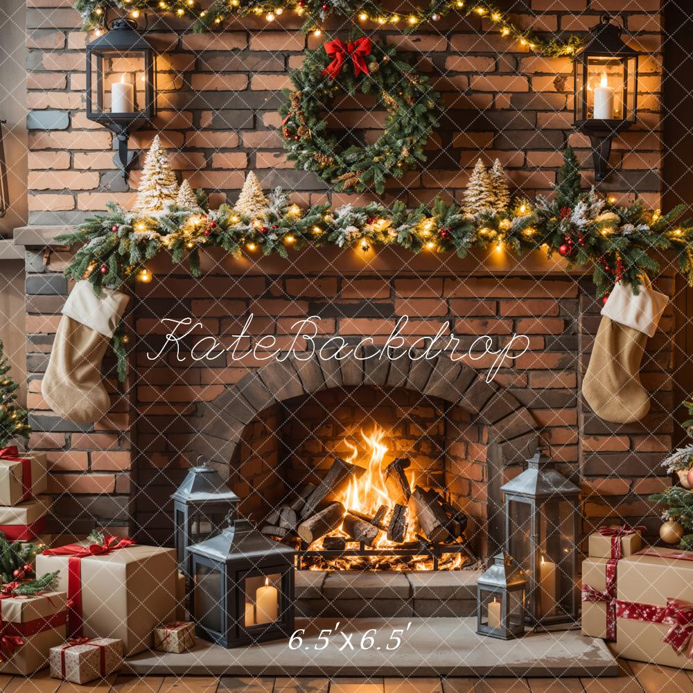 Kate Christmas Fireplace Tree Brick Wall Backdrop Designed by Emetselch - Image 2