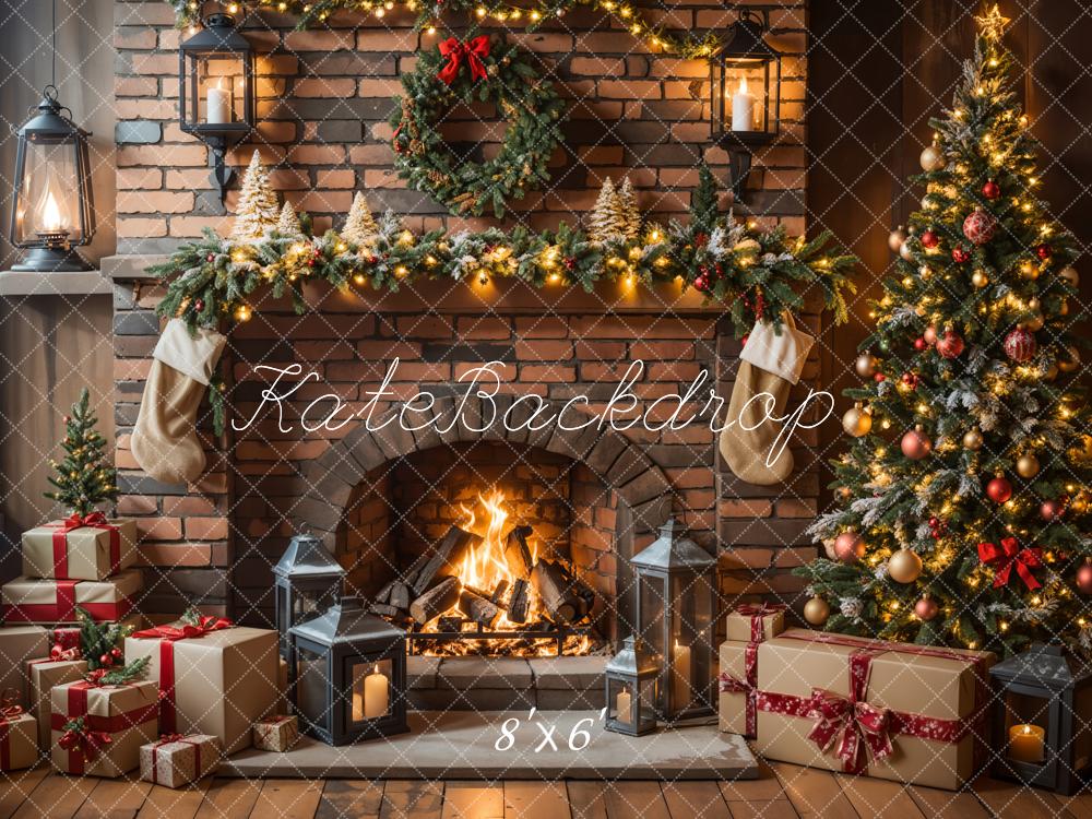 Kate Christmas Fireplace Tree Brick Wall Backdrop Designed by Emetselch - Image 3