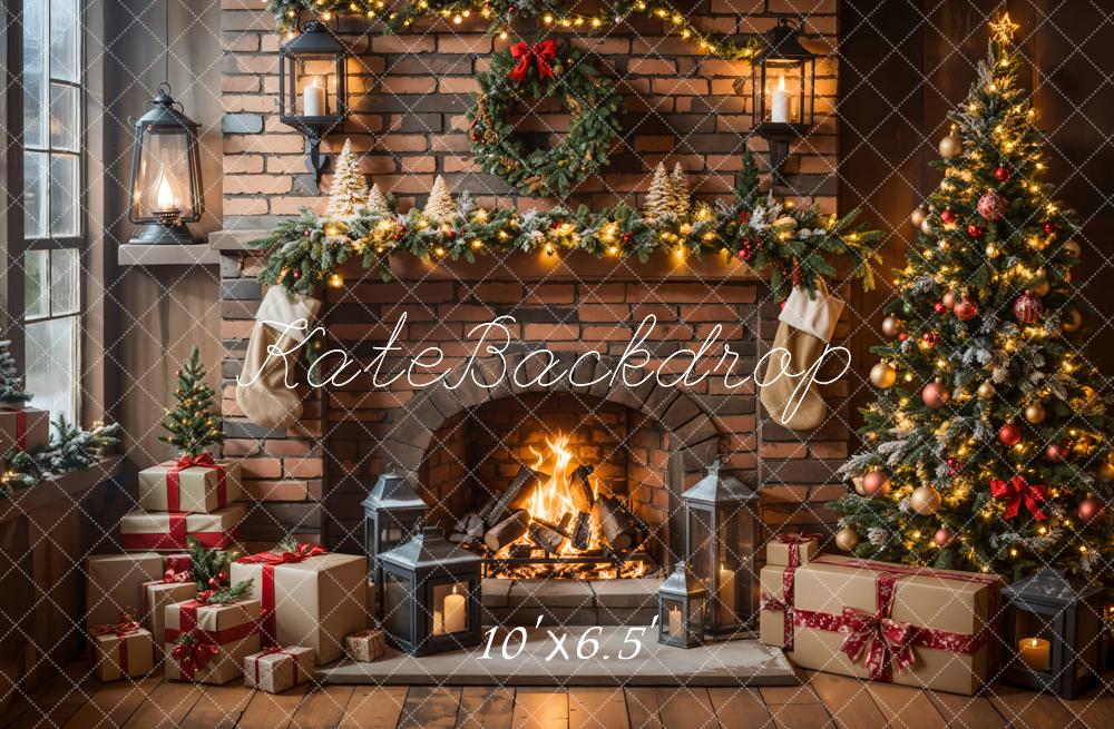 Kate Christmas Fireplace Tree Brick Wall Backdrop Designed by Emetselch - Image 4