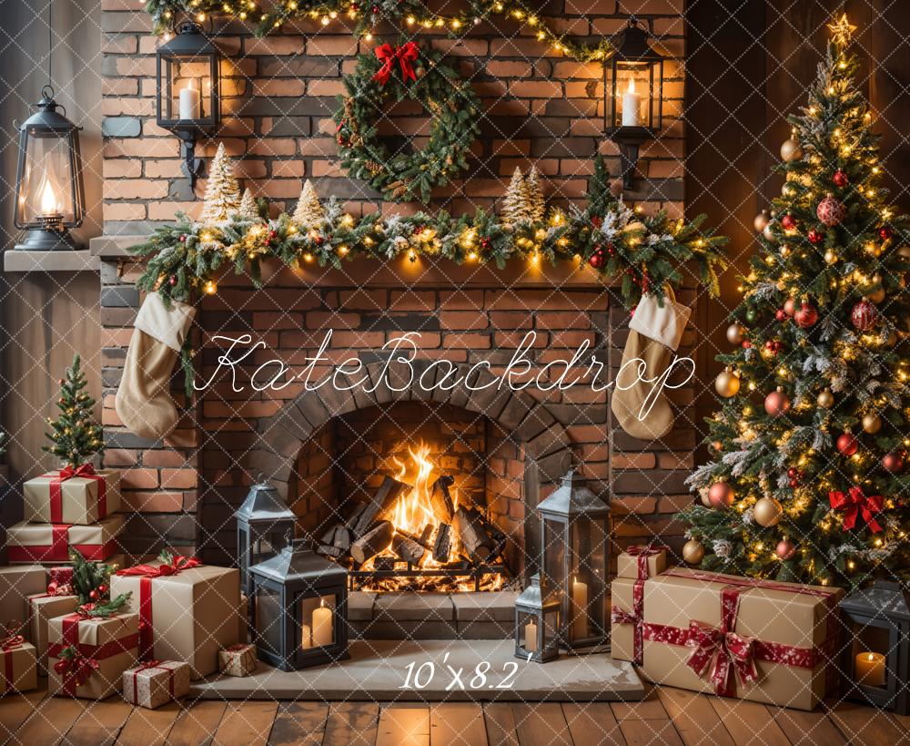 Kate Christmas Fireplace Tree Brick Wall Backdrop Designed by Emetselch - Image 5