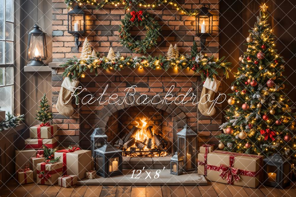 Kate Christmas Fireplace Tree Brick Wall Backdrop Designed by Emetselch - Image 7