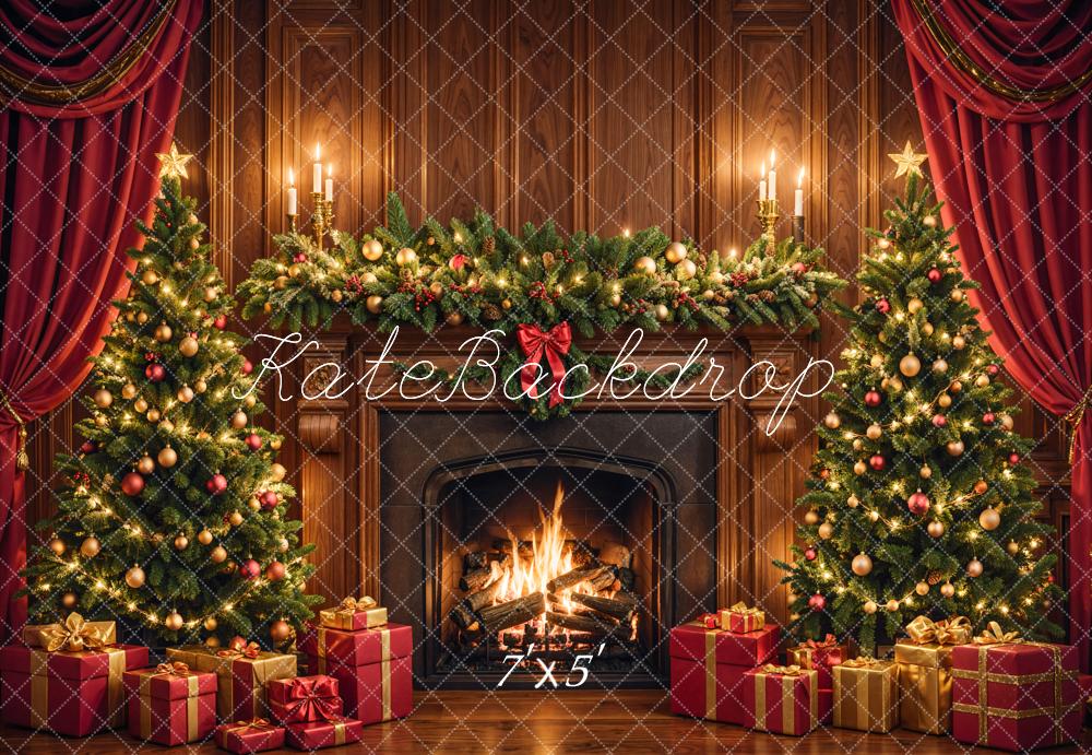 Kate Christmas Fireplace Tree Brown Retro Wall Backdrop Designed by Emetselch - Image 2