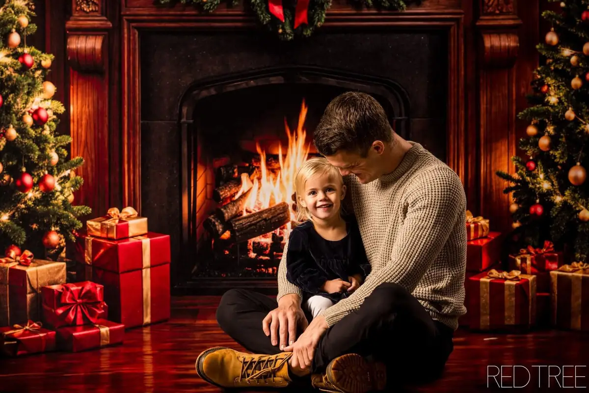Kate Christmas Fireplace Tree Brown Retro Wall Backdrop Designed by Emetselch - Image 3