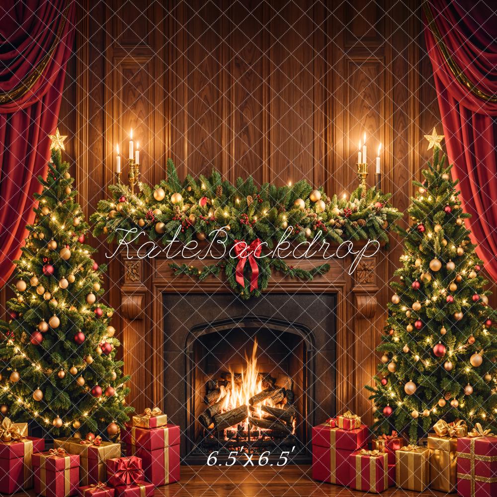 Kate Christmas Fireplace Tree Brown Retro Wall Backdrop Designed by Emetselch - Image 4
