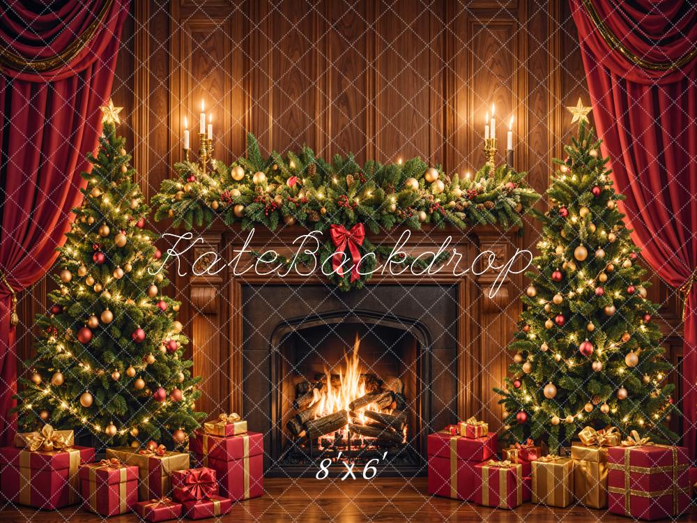 Kate Christmas Fireplace Tree Brown Retro Wall Backdrop Designed by Emetselch - Image 5