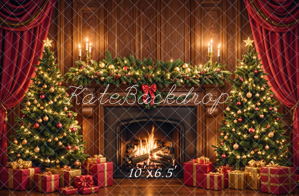 Kate Christmas Fireplace Tree Brown Retro Wall Backdrop Designed by Emetselch - Image 6