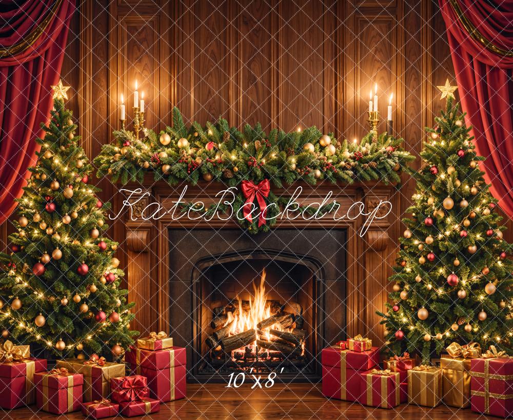 Kate Christmas Fireplace Tree Brown Retro Wall Backdrop Designed by Emetselch - Image 8