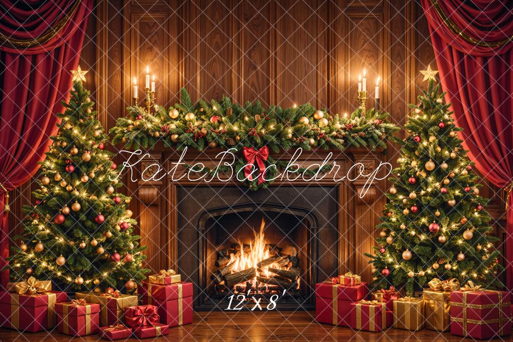Kate Christmas Fireplace Tree Brown Retro Wall Backdrop Designed by Emetselch - Image 9