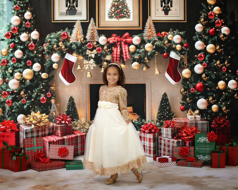 Kate Christmas Fireplace Tree Garland Gifts Backdrop Designed by Mini MakeBelieve