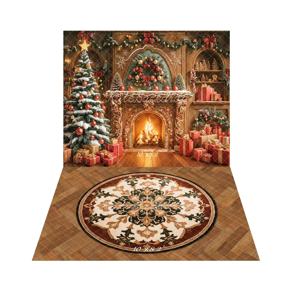 Kate Christmas Fireplace Tree Garland Presents Backdrop+Retro Floral Rug Floor Backdrop - Image 2