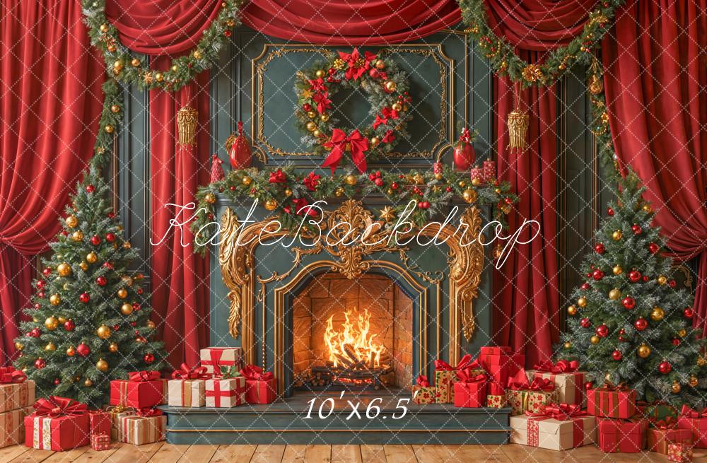 Kate Christmas Fireplace Tree Gifts Red Curtains Fleece Backdrop Designed by Emetselch - Image 2