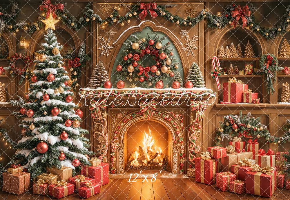 Kate Christmas Fireplace Tree Presents Garland Fleece Backdrop Designed by Emetselch - Image 4