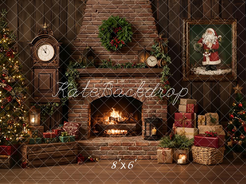 Kate Christmas Fireplace Tree Presents Vintage Fleece Backdrop Designed by Emetselch