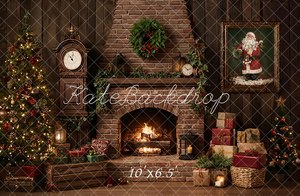 Kate Christmas Fireplace Tree Presents Vintage Fleece Backdrop Designed by Emetselch - Image 2