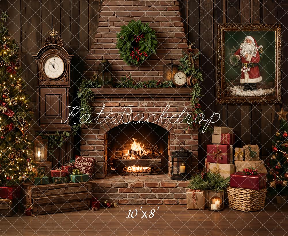 Kate Christmas Fireplace Tree Presents Vintage Fleece Backdrop Designed by Emetselch - Image 3