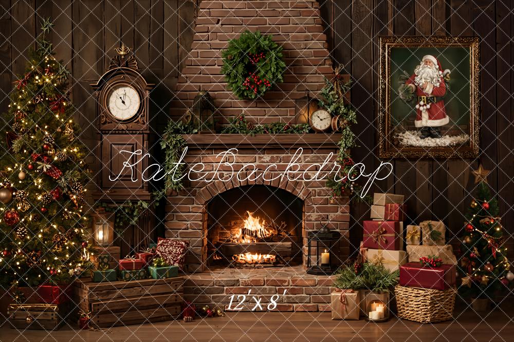 Kate Christmas Fireplace Tree Presents Vintage Fleece Backdrop Designed by Emetselch - Image 4