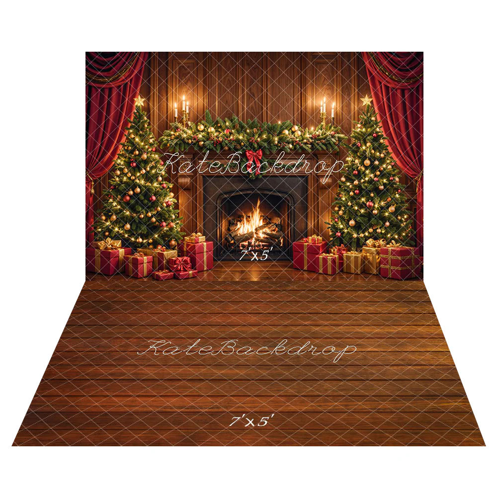 Kate Christmas Fireplace Tree Retro Wall Backdrop+Brown Wood Texture Floor Backdrop - Image 2