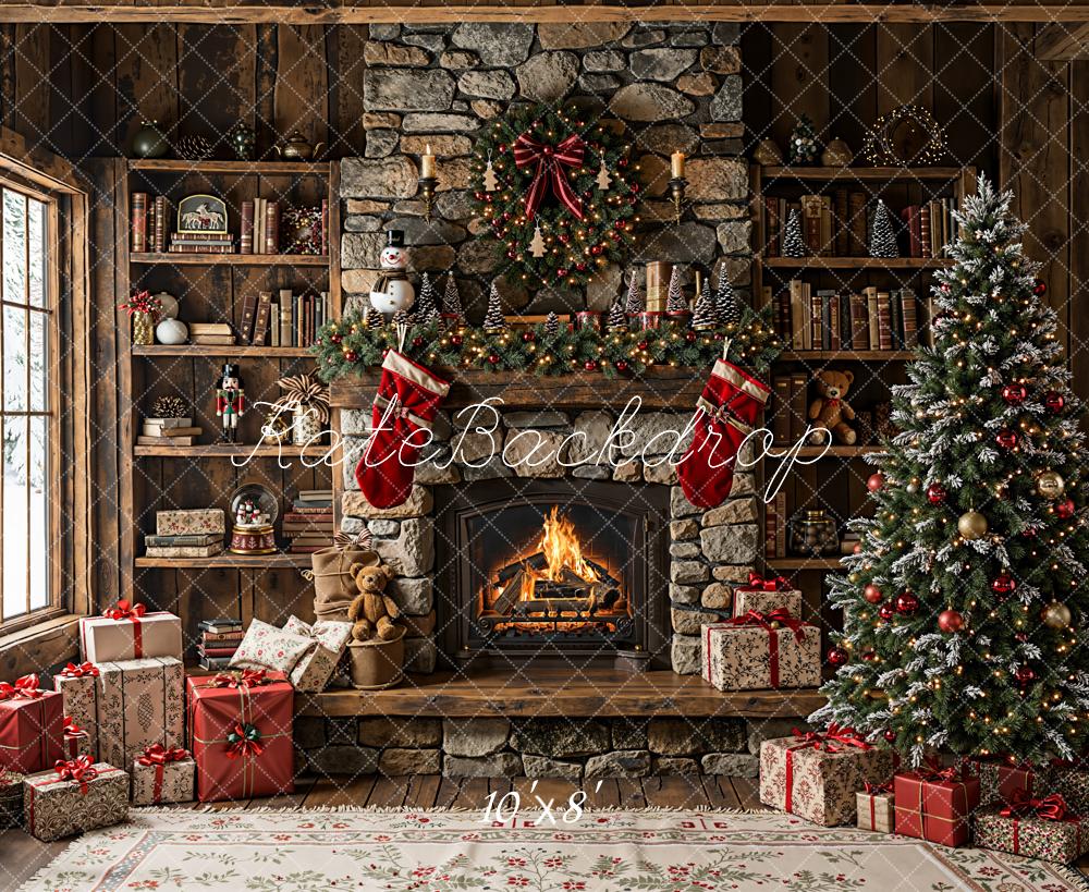 Kate Christmas Fireplace Tree Rustic Fleece Backdrop Designed by Emetselch - Image 3