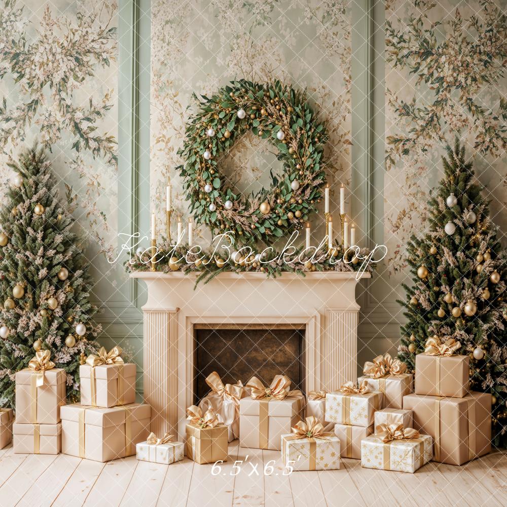 Kate Christmas Fireplace Tree Wreath Green Retro Wall Backdrop Designed by Emetselch - Image 2