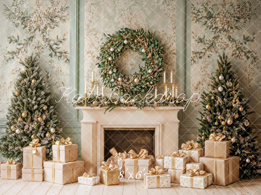 Kate Christmas Fireplace Tree Wreath Green Retro Wall Backdrop Designed by Emetselch - Image 3