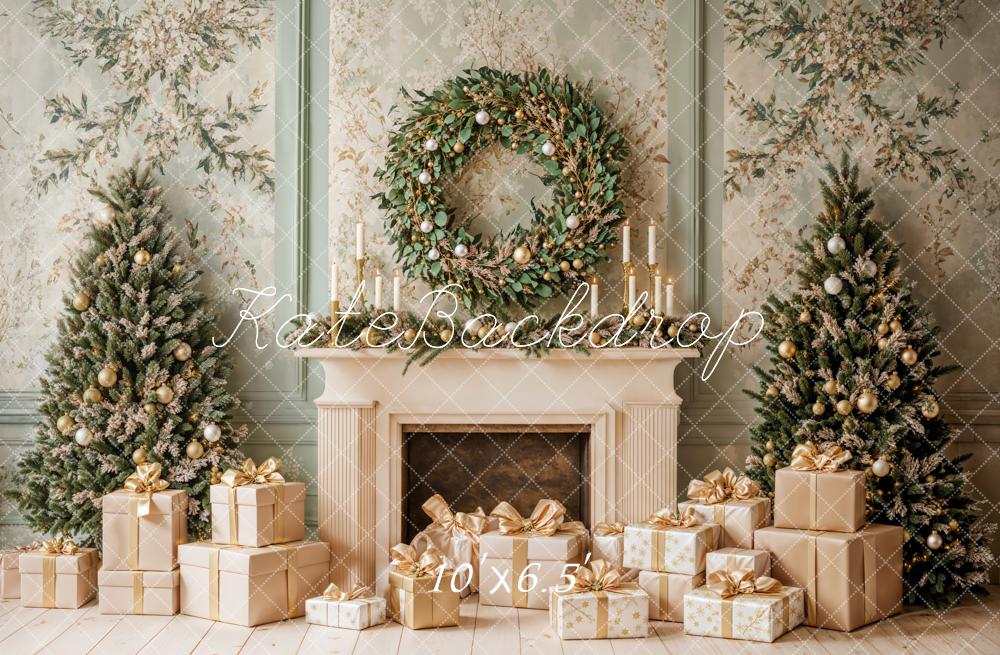 Kate Christmas Fireplace Tree Wreath Green Retro Wall Backdrop Designed by Emetselch - Image 4